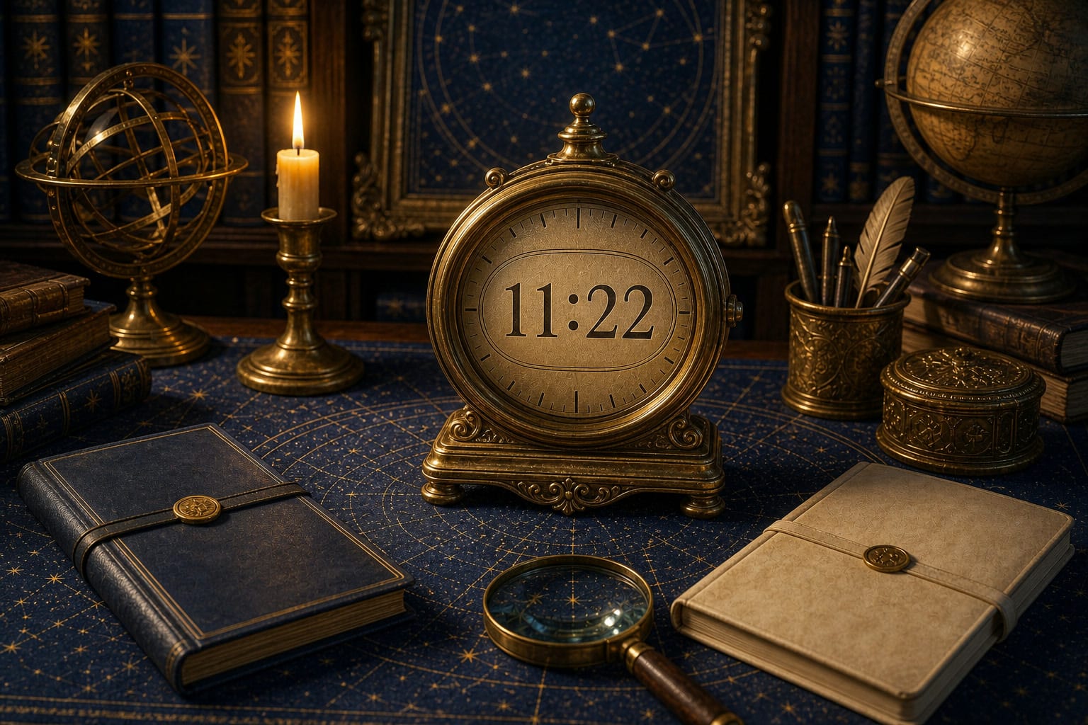 11:22 clock sequence on a brass clock in a celestial reference library scene.