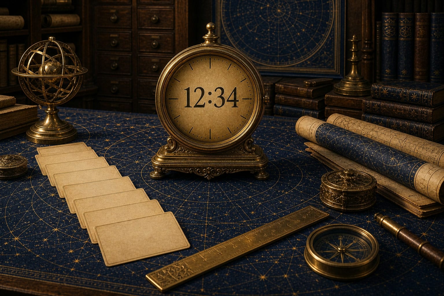 12:34 clock sequence on a brass clock with ordered source cards in a celestial archive scene.