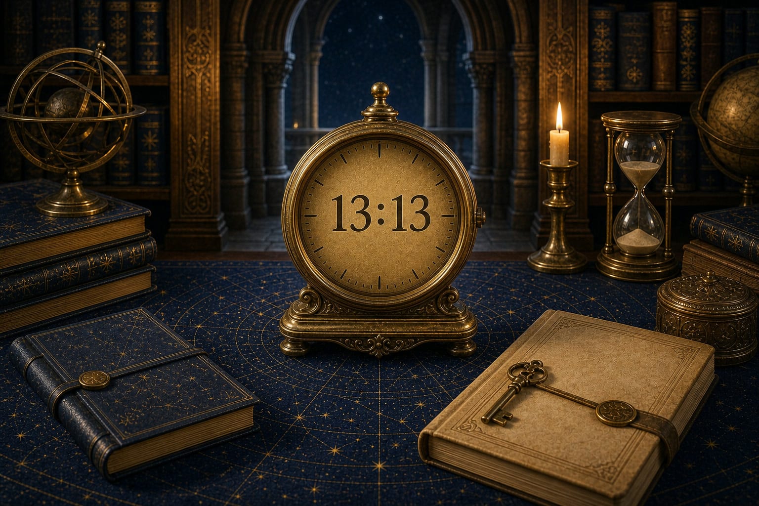 13:13 clock sequence on a brass clock in a threshold-style celestial library scene.