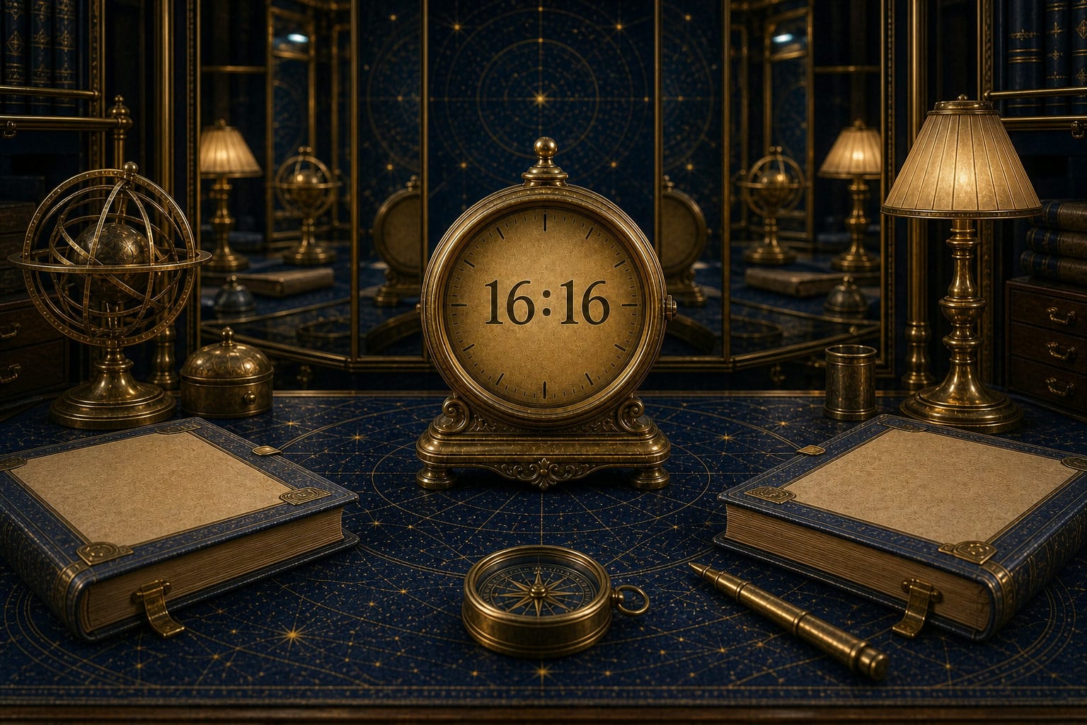 16:16 clock sequence on a brass clock in a reflective celestial reference chamber scene.