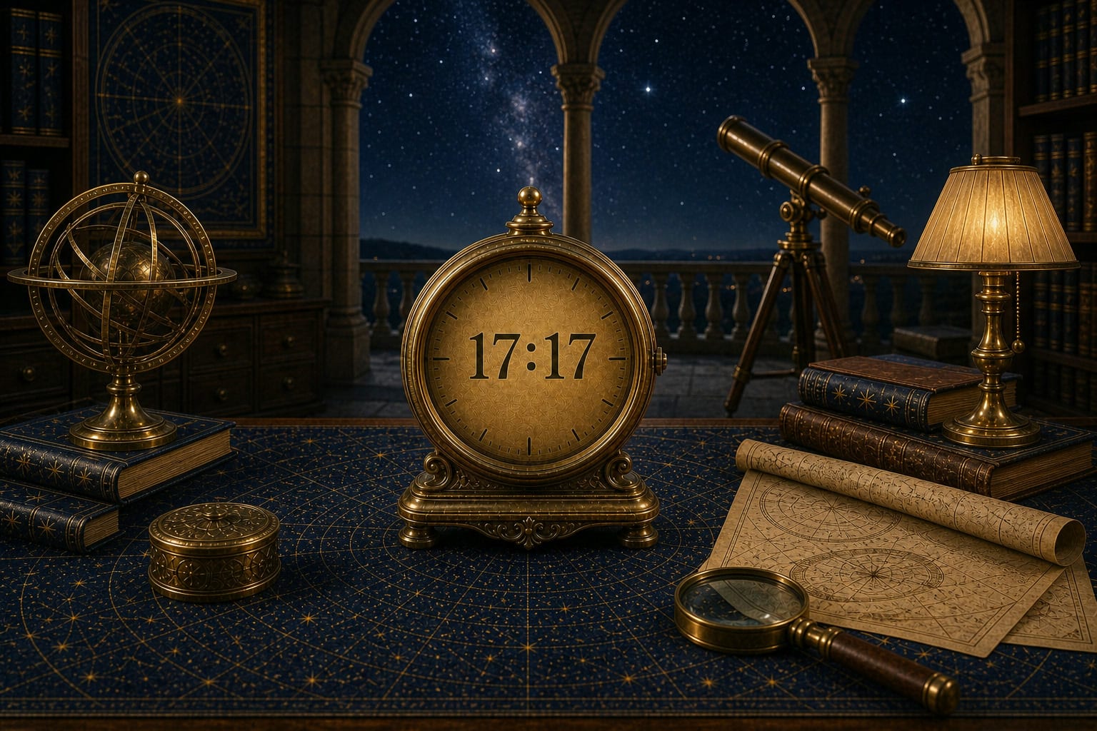 17:17 clock sequence on a brass clock in a celestial observatory balcony scene.