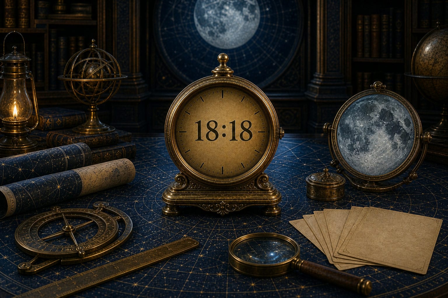 18:18 clock sequence on a brass clock in a moonlit celestial archive map-table scene.
