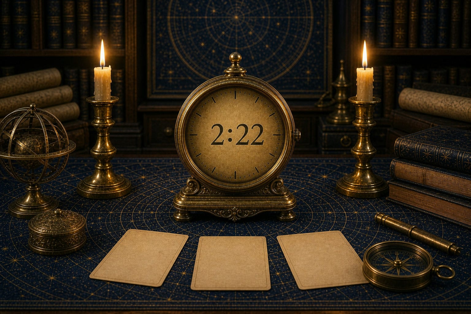 2:22 clock sequence on a brass clock in a paired-candle celestial reading-desk scene.