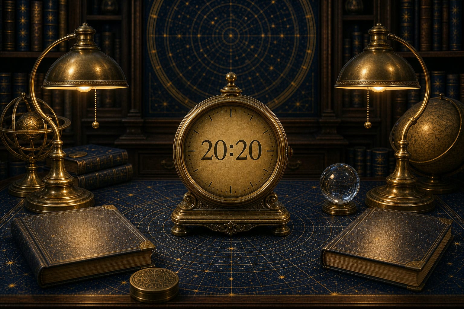 20:20 clock sequence on a brass clock in a quiet celestial reading-desk scene.