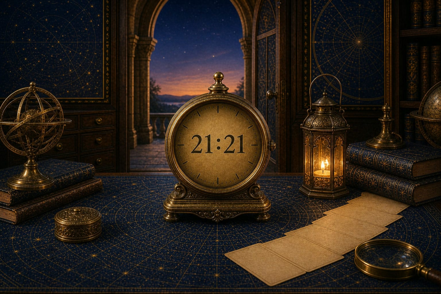 21:21 clock sequence on a brass clock in a twilight celestial threshold-room scene.