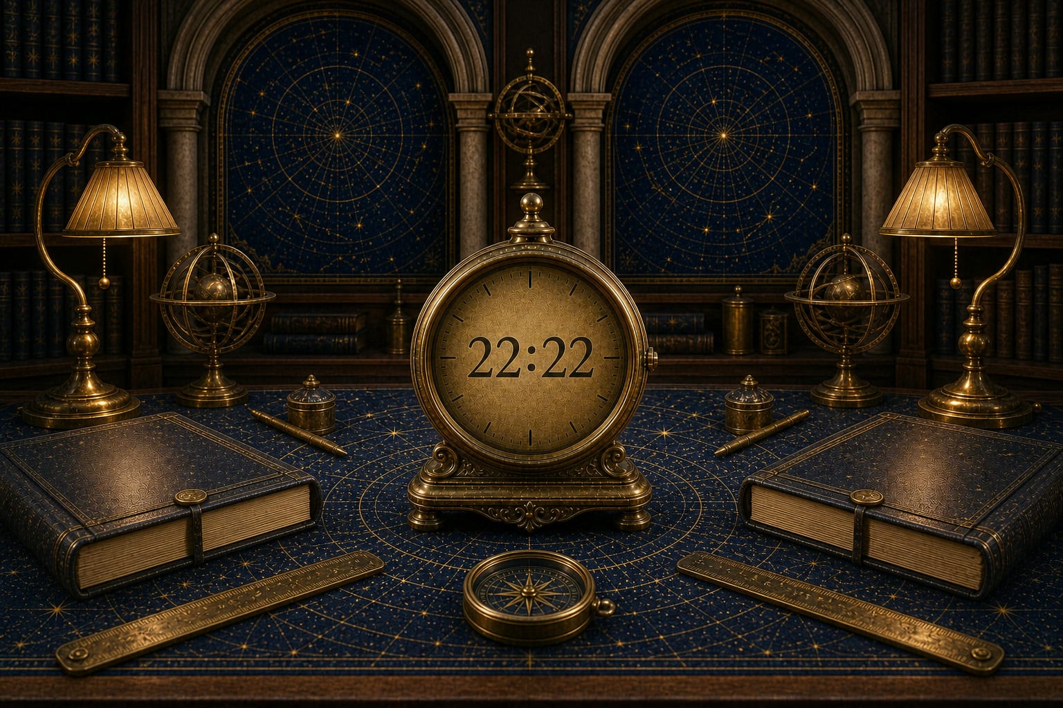 22:22 clock sequence on a brass clock in a twin-arch celestial reference-room scene.