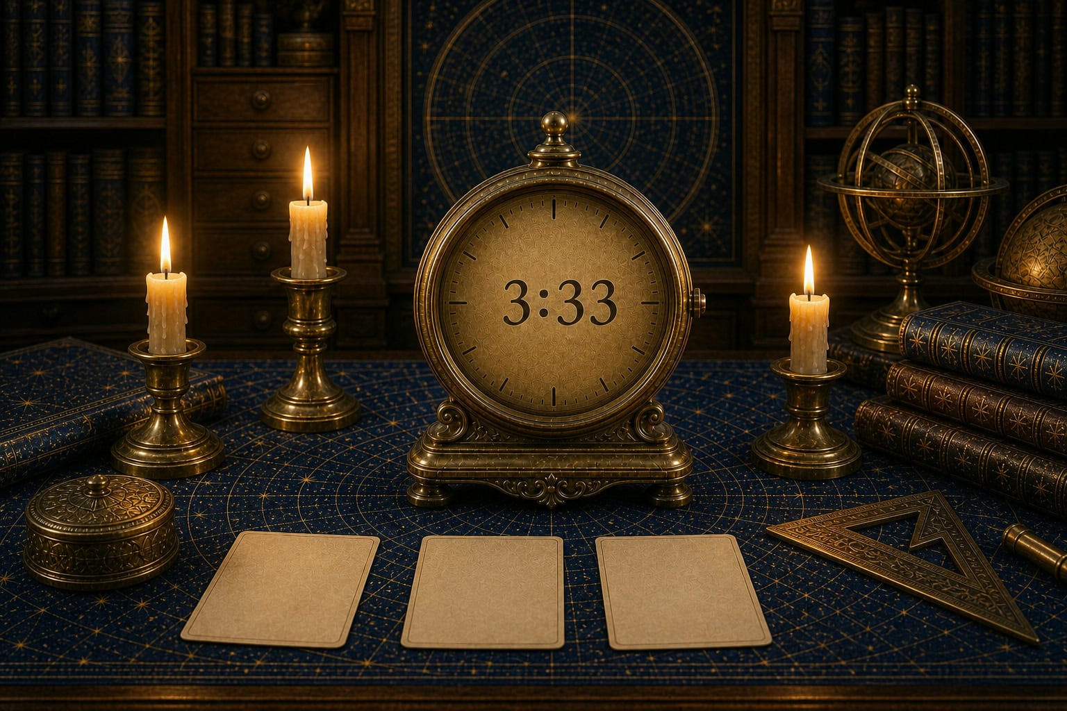 3:33 clock sequence on a brass clock in a three-candle celestial study-desk scene.