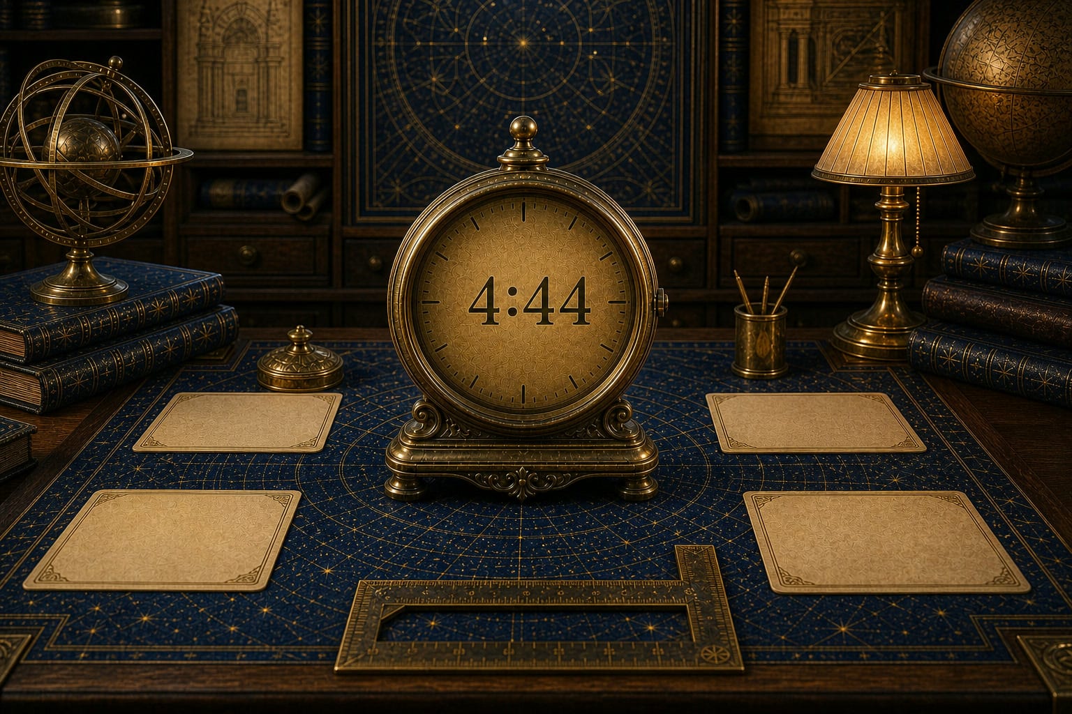 4:44 clock sequence on a brass clock in a square celestial reference-table scene.