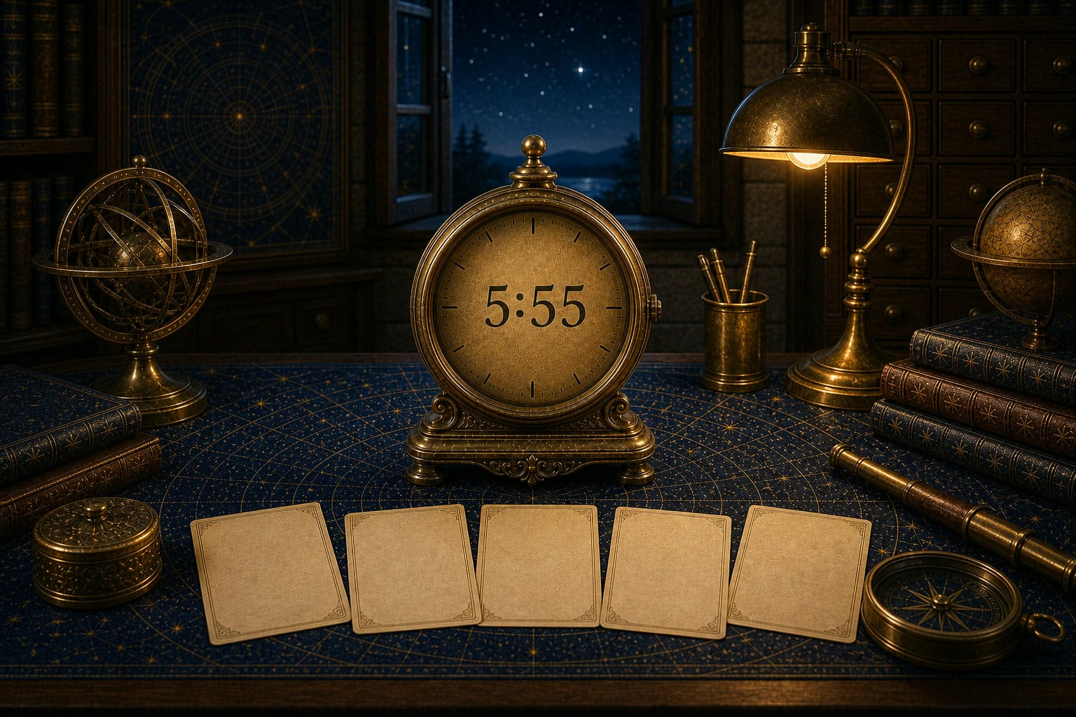 5:55 clock sequence on a brass clock in a five-card celestial route-planning desk scene.