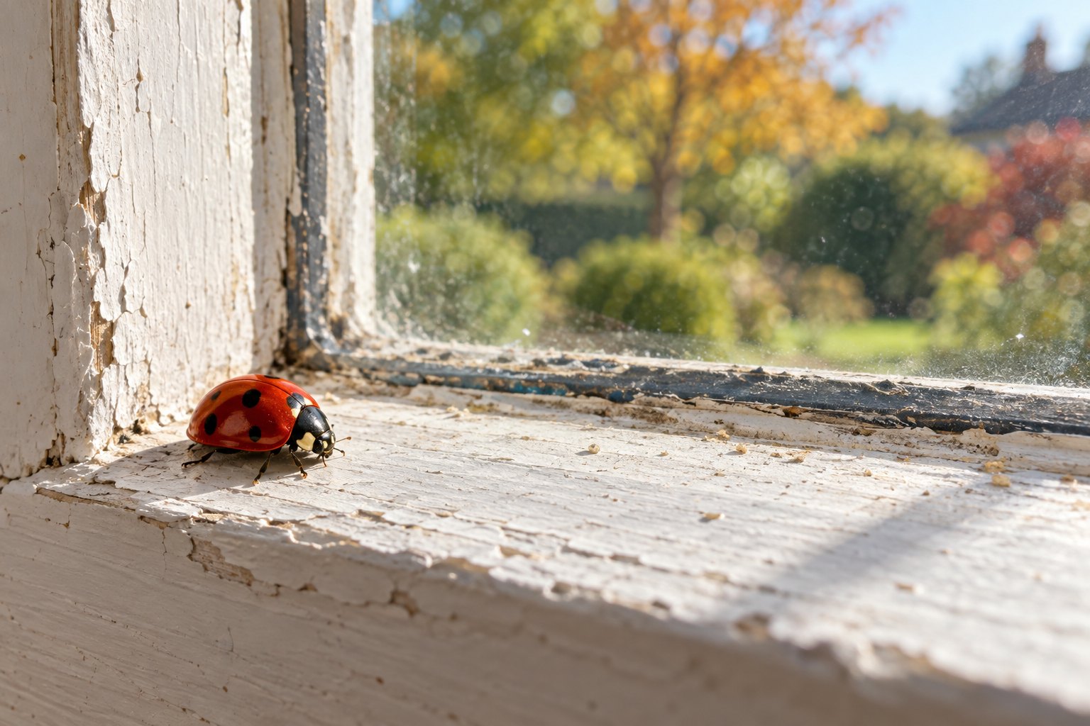 A red seven-spot ladybird on the peeling white paint of a sunlit window sill with an autumn garden beyond