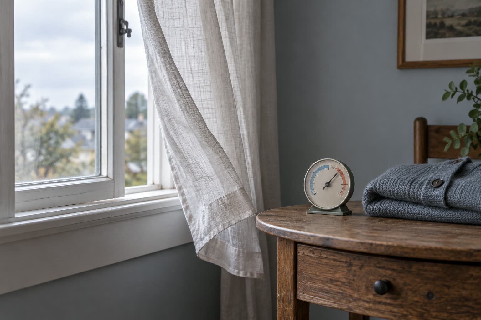 Open window moving a linen curtain beside an analog thermometer and folded gray cardigan on a wooden table