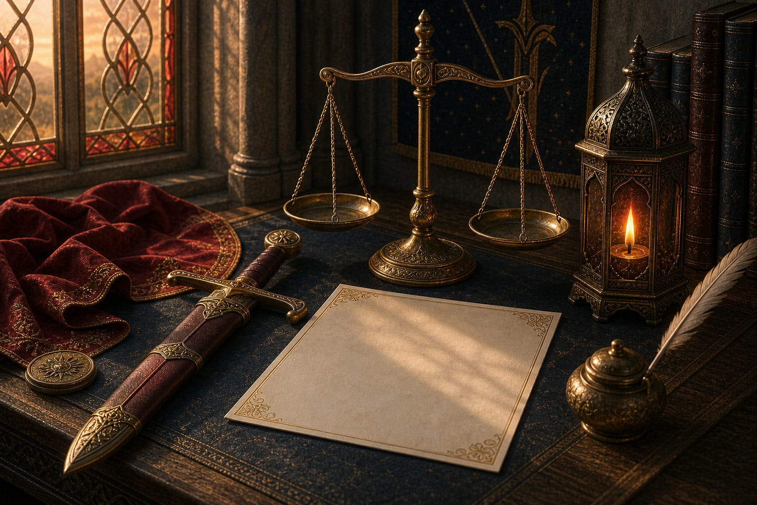 Sheathed sword, balanced brass scales, red cloth, lantern flame, and blank folio on a Camael justice reference table
