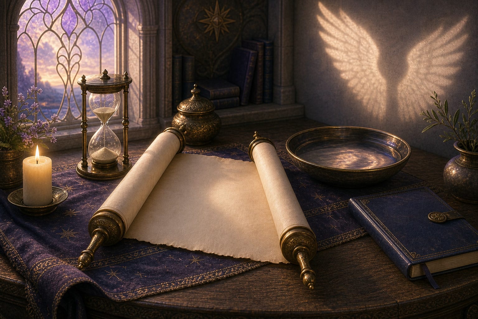 Blank scroll, brass hourglass, reflective bowl, closed journal, candle, and violet-gold light on a Jeremiel life-review table