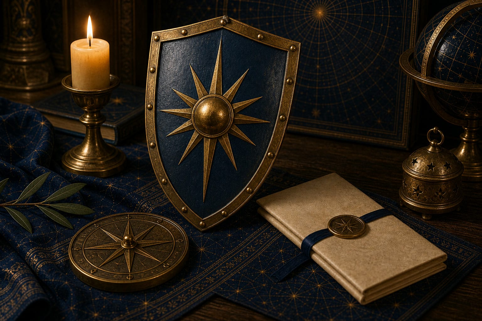 Polished shield, brass boundary compass, folded blank card, and candle on a celestial protection table