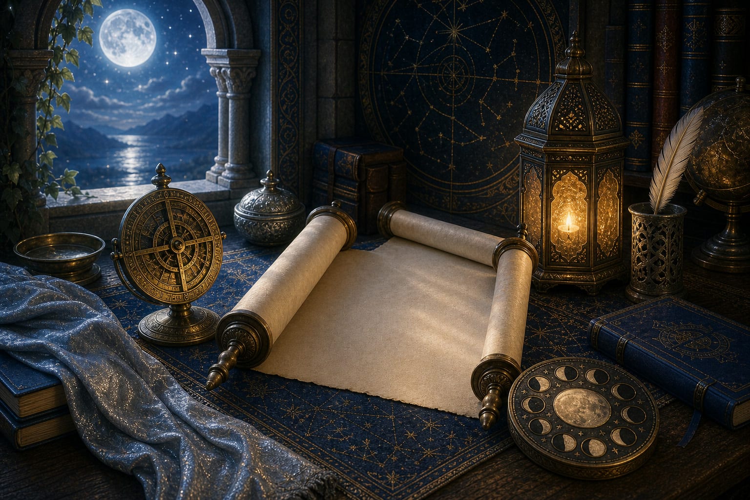 Blank scroll, brass astrolabe, moon disk, guiding lantern, and silver-blue cloth on a Sariel lunar teaching table