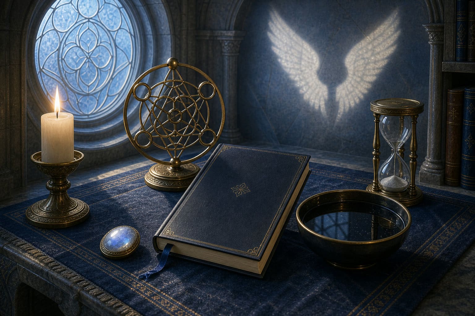 Still-water bowl, blank indigo-edged folio, brass astrolabe, candle, and dark blue cloth on a Tzaphkiel contemplation table