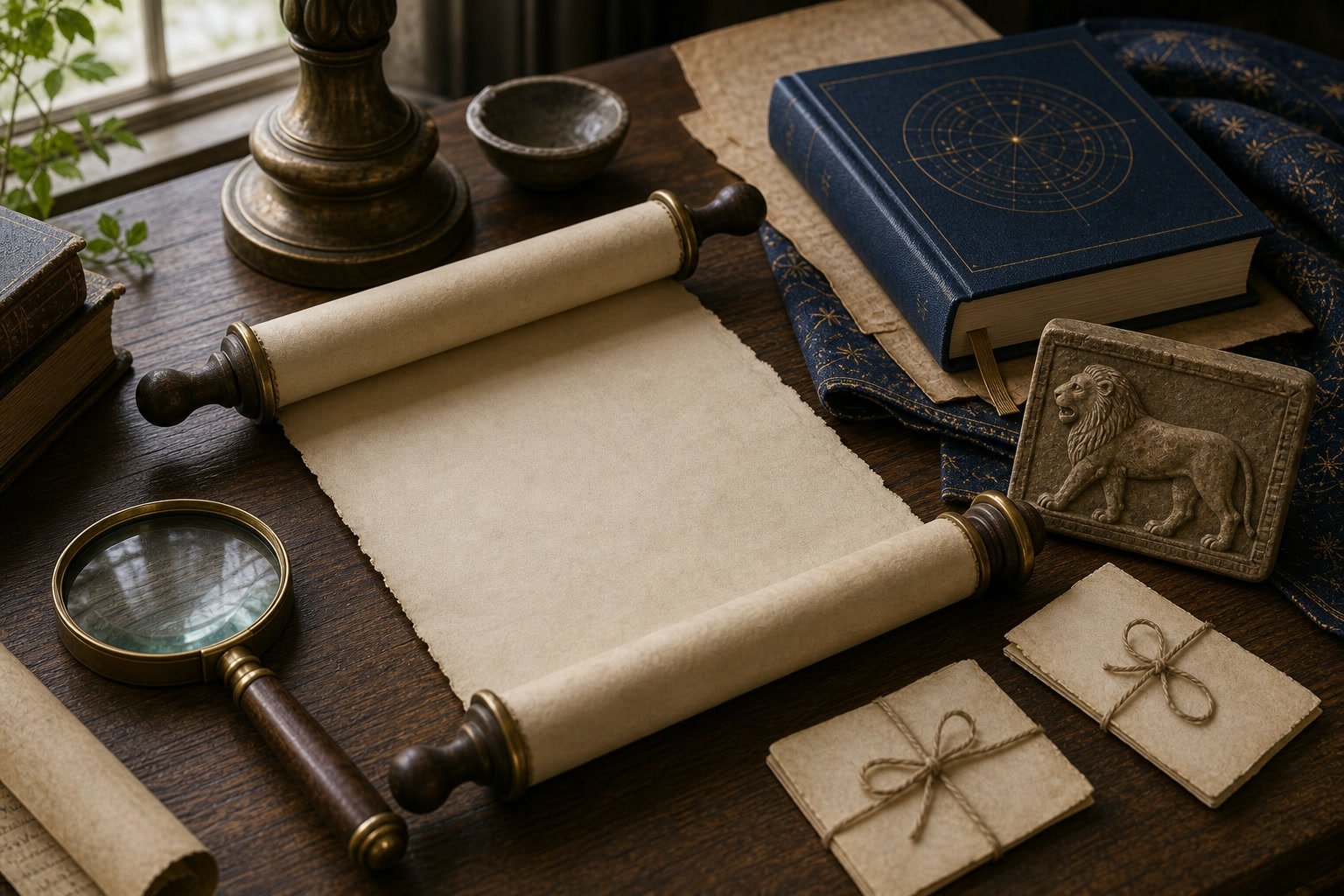A blank parchment scroll, lion seal, and brass magnifying glass on an editorial archive table