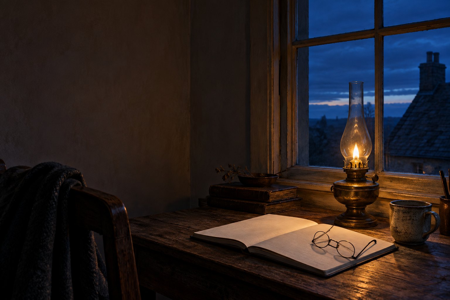 A night desk beside a window at first light, with a burning brass oil lamp, a blank open notebook, and folded spectacles