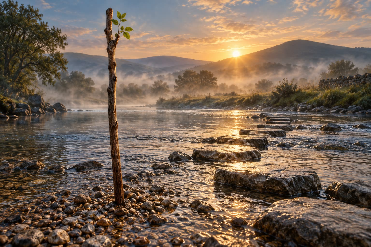 Plain wooden staff with a few green leaves standing in a shallow river ford beside stepping stones at sunrise