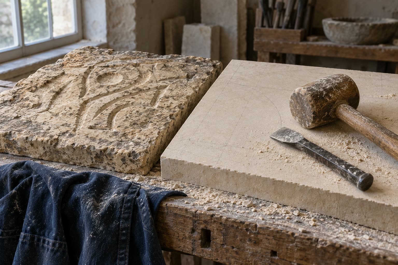 Mason's bench with a weathered carved limestone slab beside a smooth blank slab, a wooden mallet and chisel, and stone dust