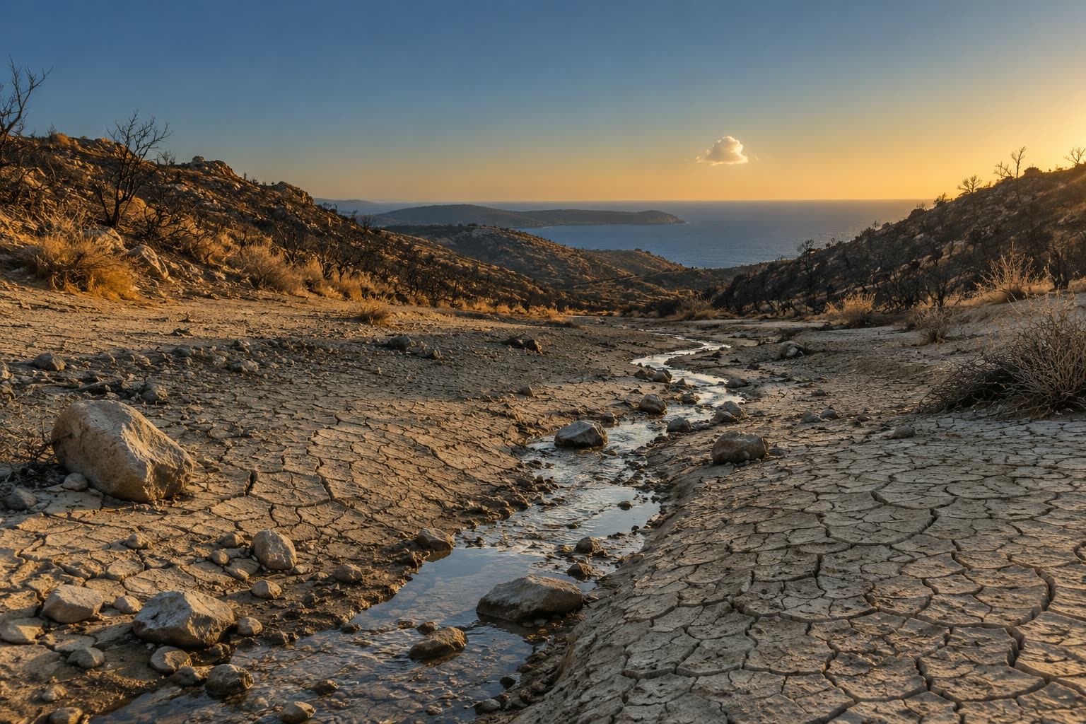 Cracked dry clay stream bed with a thin trickle of water, bare hills and one small cloud over the sea at sunset