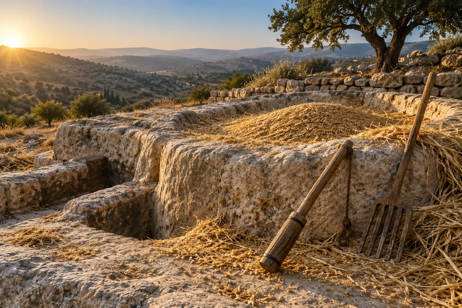 Rock-cut stone winepress basin heaped with threshed wheat, a wooden flail and winnowing fork leaning on its rim at sunrise