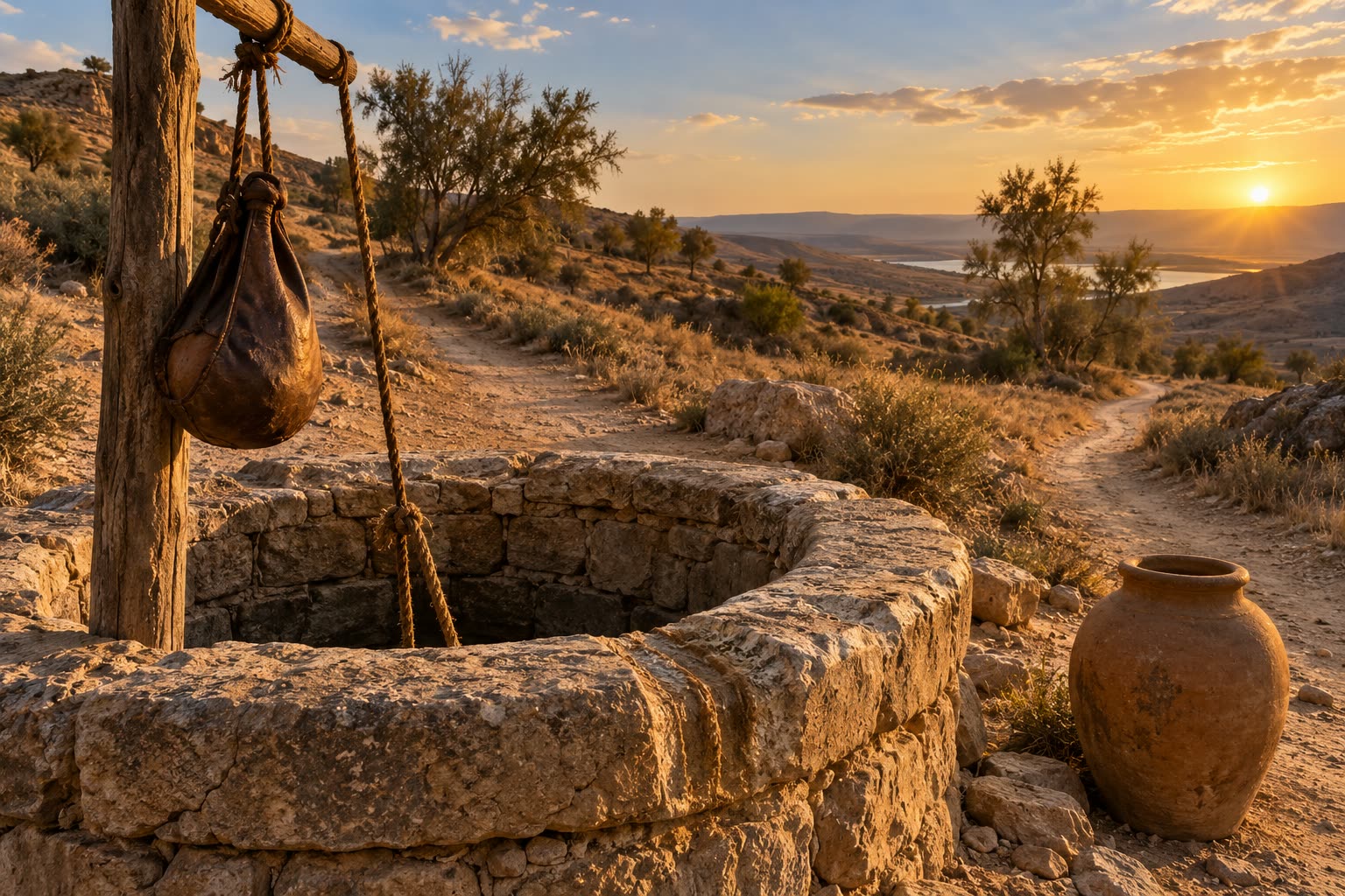 Stone-curbed desert well with a leather waterskin on a wooden post, a clay jar beside it and two dirt paths leading away
