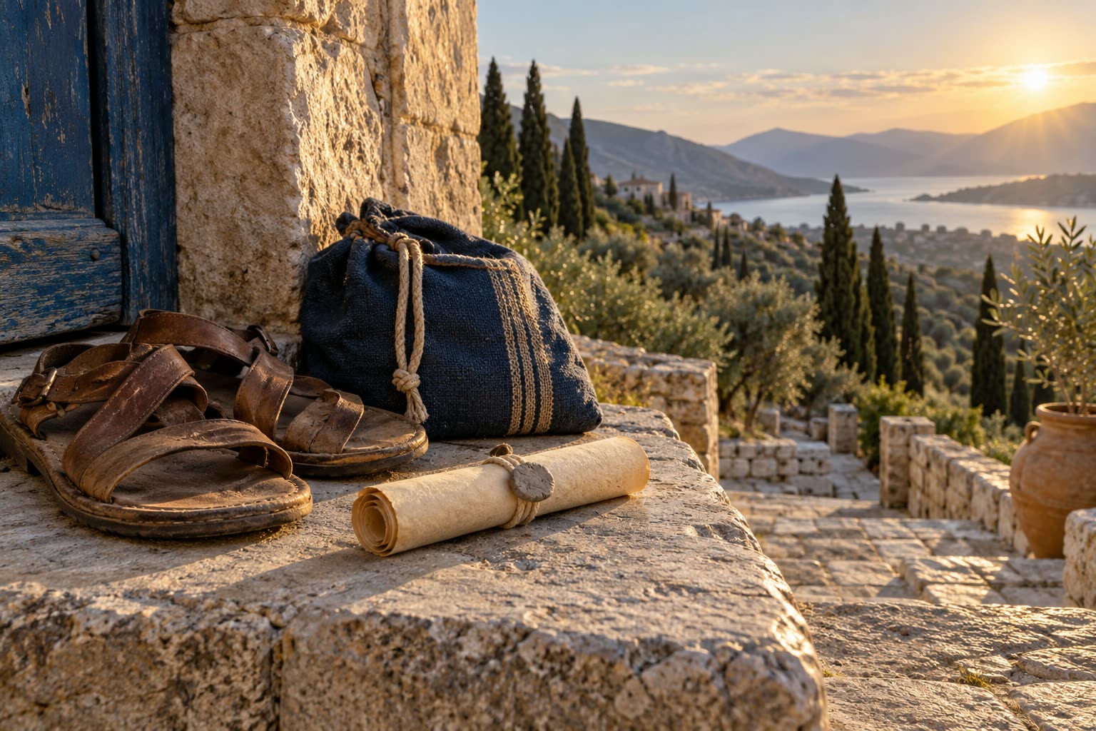 Worn leather sandals, a pouch and a small rolled letter tied with cord and a clay seal on a stone doorstep above an olive hillside