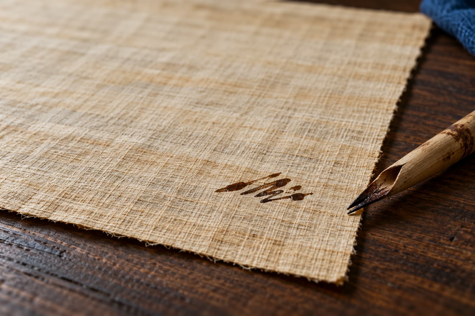 Close view of a woven papyrus sheet on a dark wooden desk with one small cluster of brown ink strokes and a split reed pen beside it