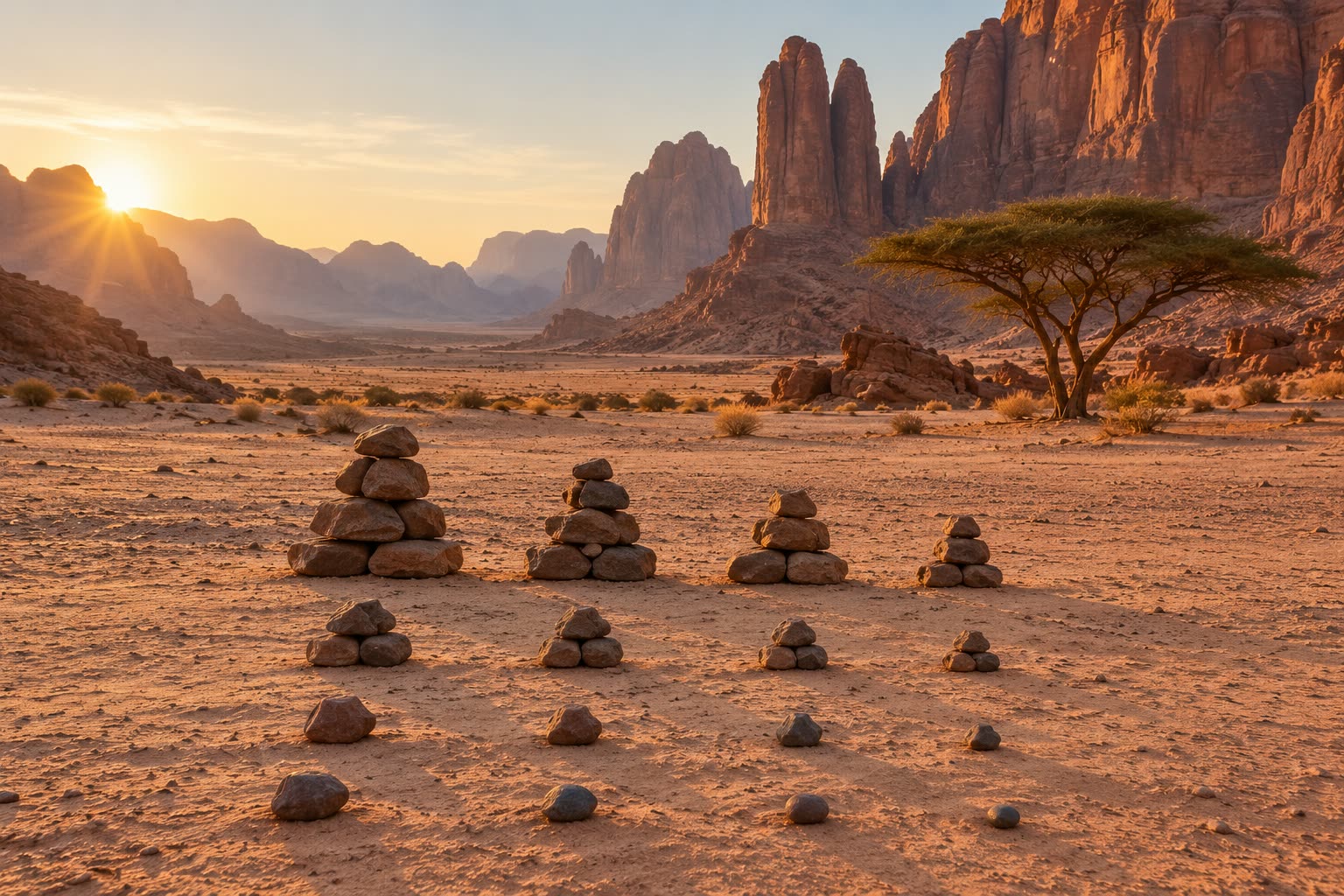 Four columns of small stone cairns in descending sizes on red desert sand before sandstone cliffs and a flat-topped acacia