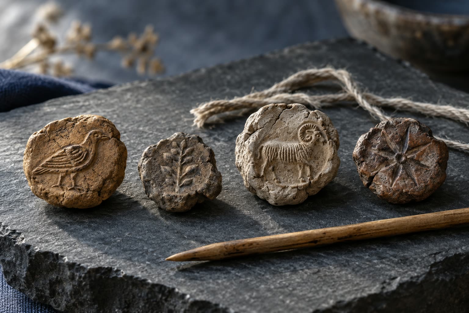 Four clay seal impressions stamped with a bird, a sprig, a ram and a rosette, in a row on dark slate with linen cord and a wooden stylus