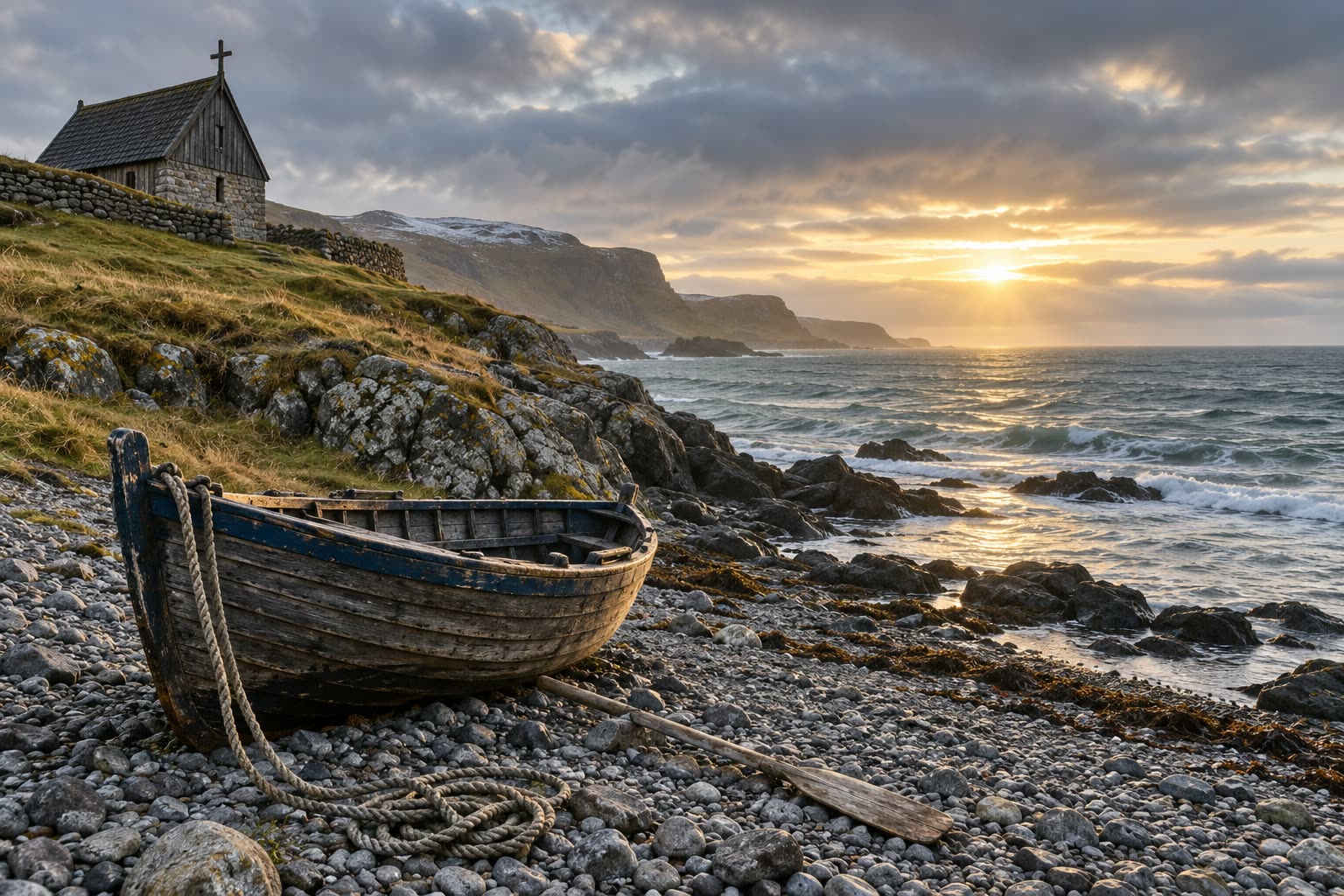 A weathered wooden rowing boat drawn up on grey shingle below a small timber-and-stone chapel with a cross, with sea at sunrise