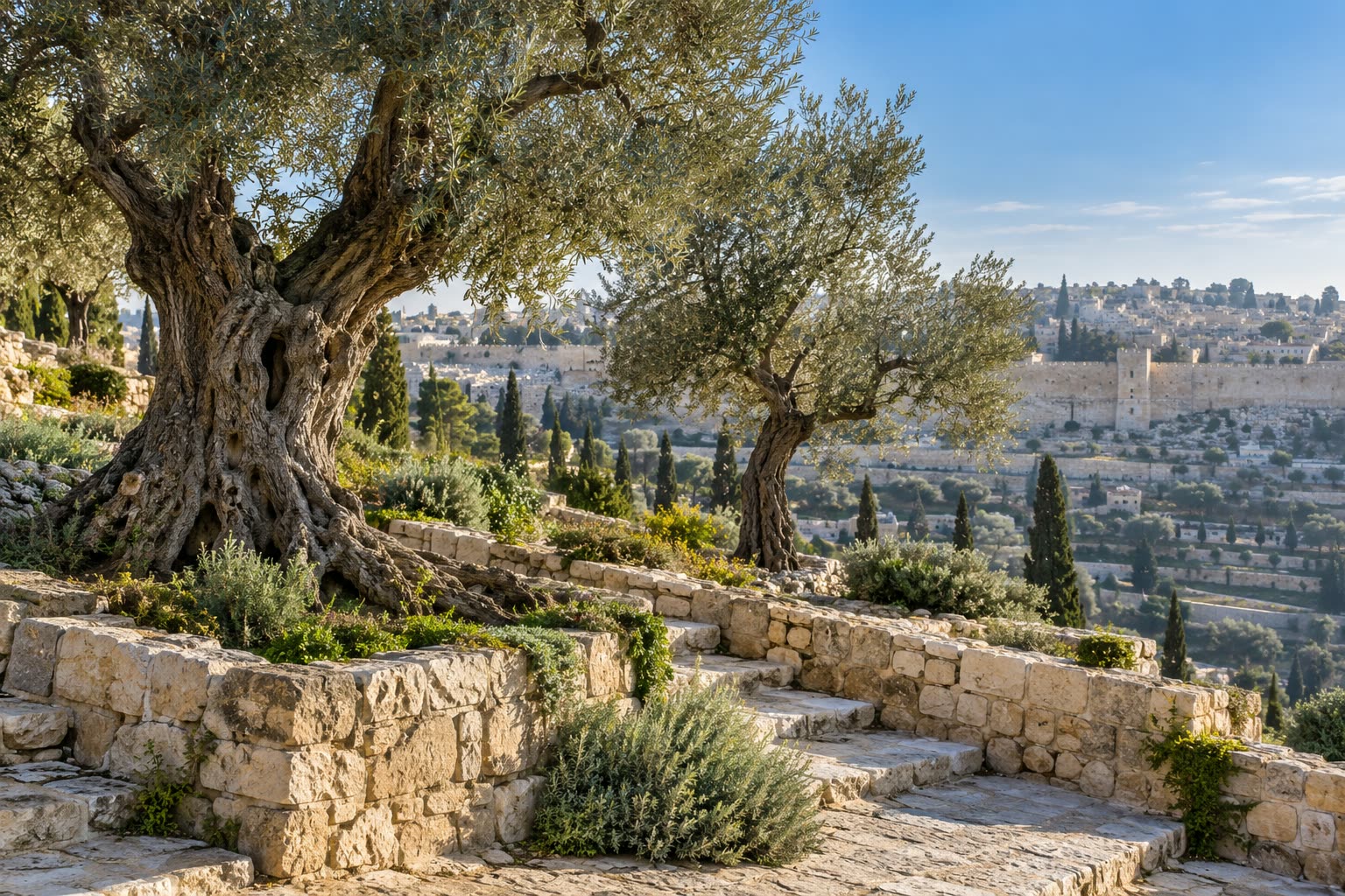 Two olive trees, one old with a thick trunk and one younger, on a stone terrace with steps above a limestone city wall