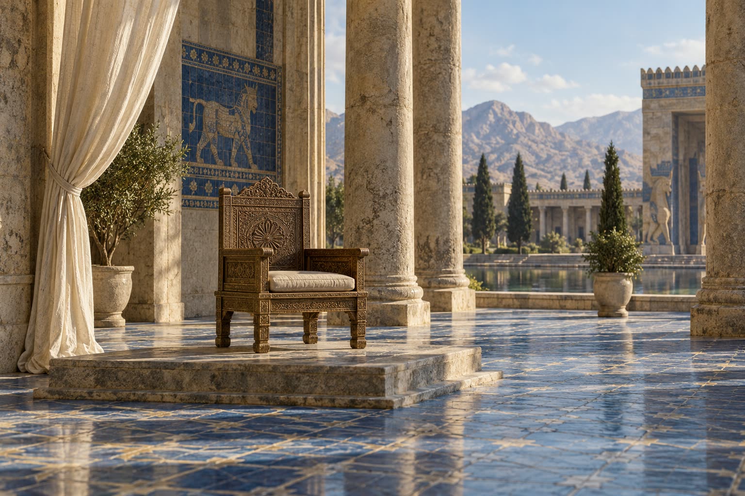 Empty carved wooden chair with a cushion on a stone dais in a pillared court with blue glazed tiles and a pale linen curtain