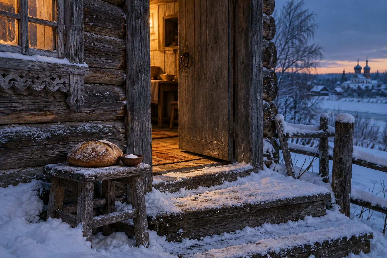 Wooden house door ajar with lamplight, bread and a small bowl of salt on a snowy stool, a church skyline across a frozen river at dusk