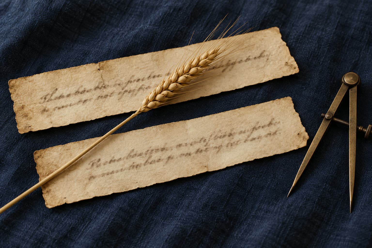 Two worn parchment strips with blurred handwriting lie side by side on navy linen, a wheat ear across them and brass dividers at the edge