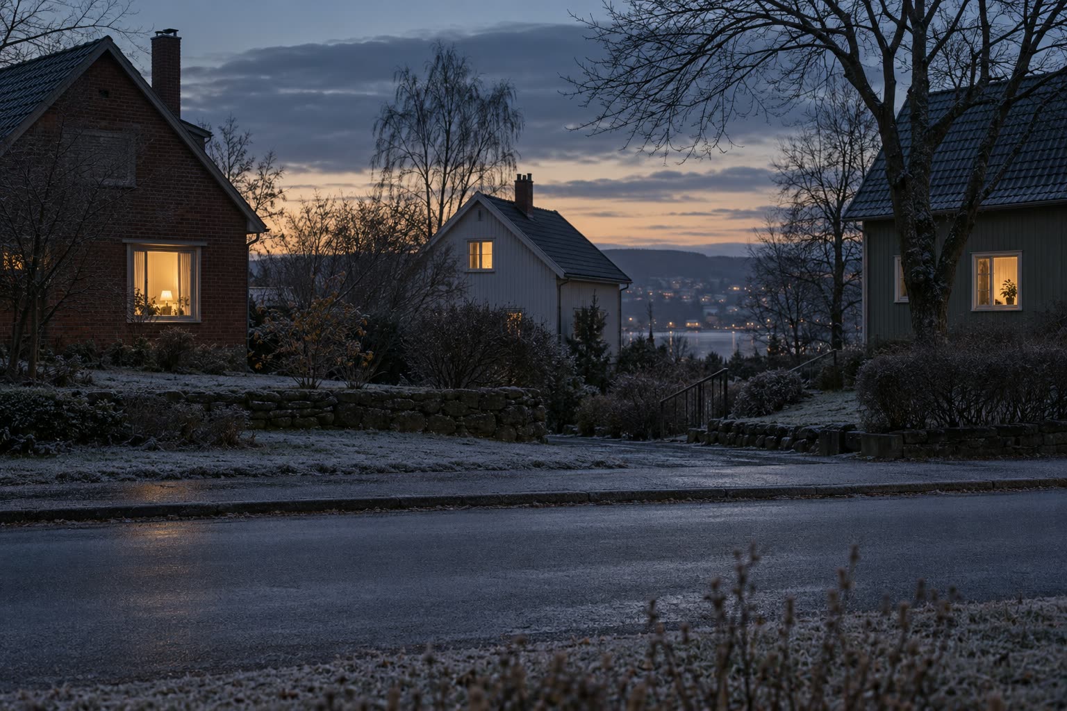 Three houses on a frosted street at blue hour, each with one lit window, bare trees and a lake with distant lights behind