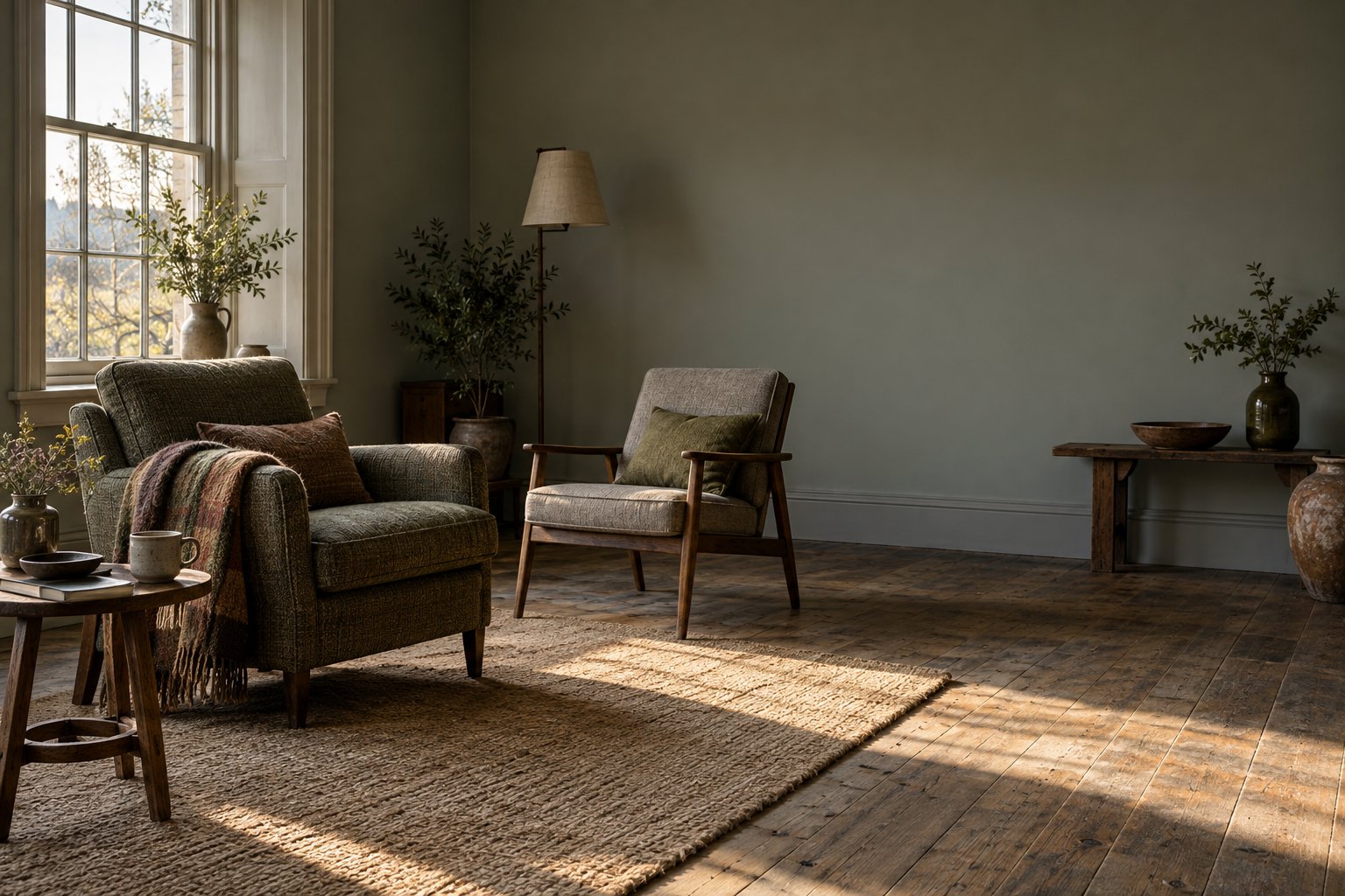 An occupied armchair with a folded blanket beside a second empty chair in a quiet room, with afternoon light across the floor