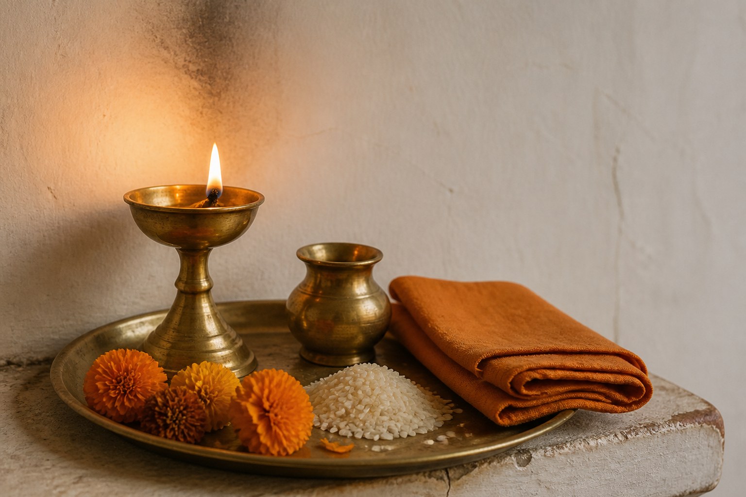 A lit brass oil lamp, a small brass pot, marigold heads, a mound of uncooked rice and a folded orange cloth on a brass tray, set on a worn plaster ledge