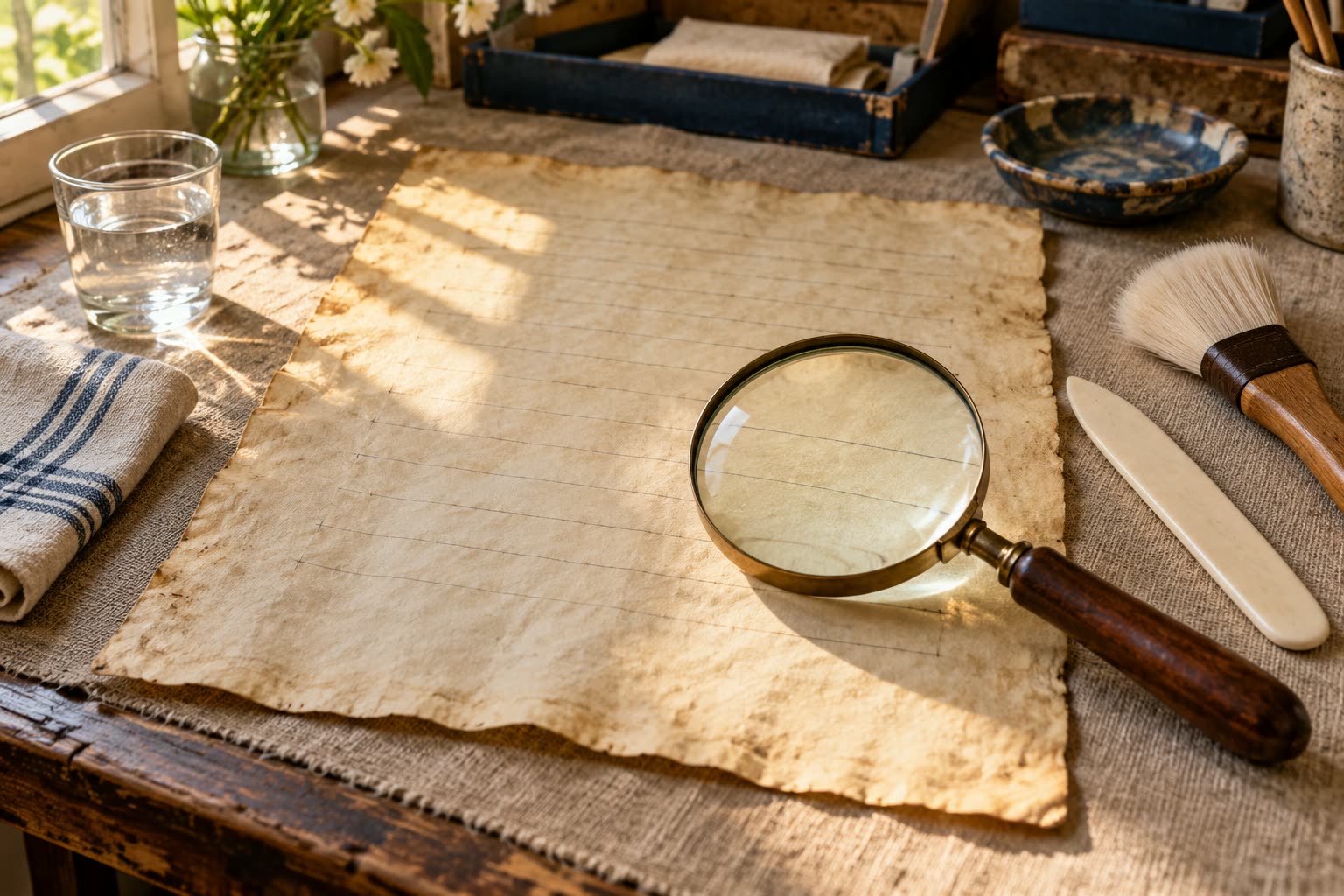 Blank ruled parchment leaf on a linen-covered desk in window light, with a hand magnifying glass, bone folder and soft brush