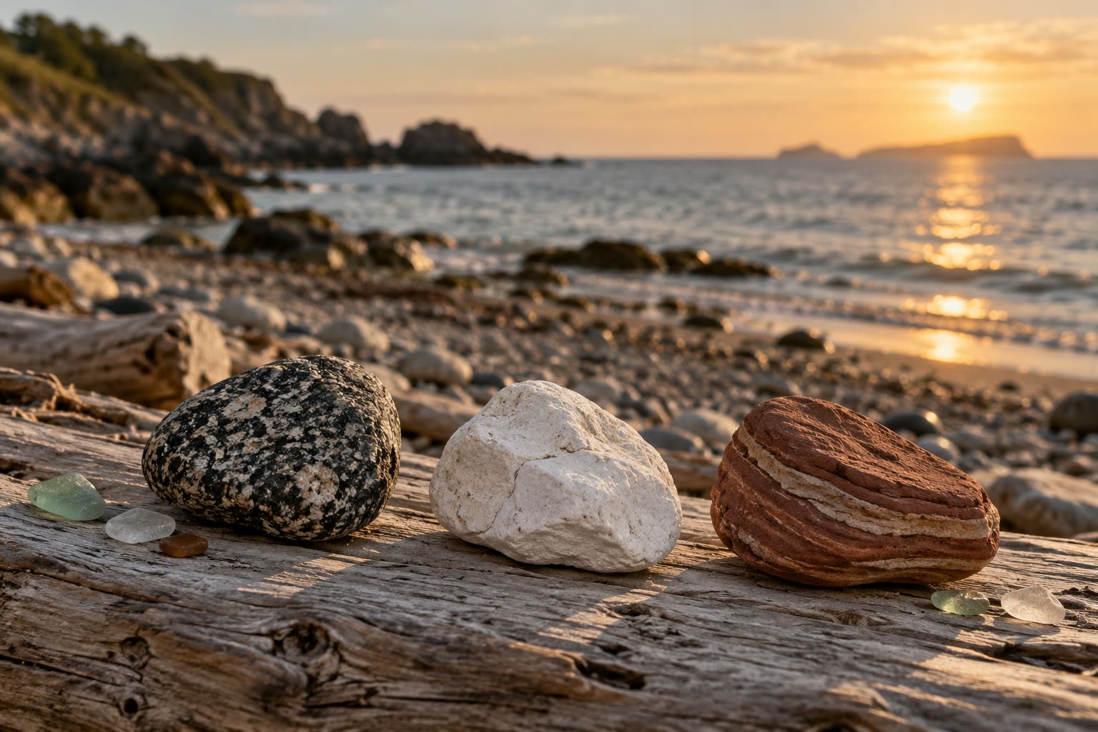 Three beach stones in a row on driftwood: dark speckled granite, white chalk and layered red sandstone, with the sea at sunset