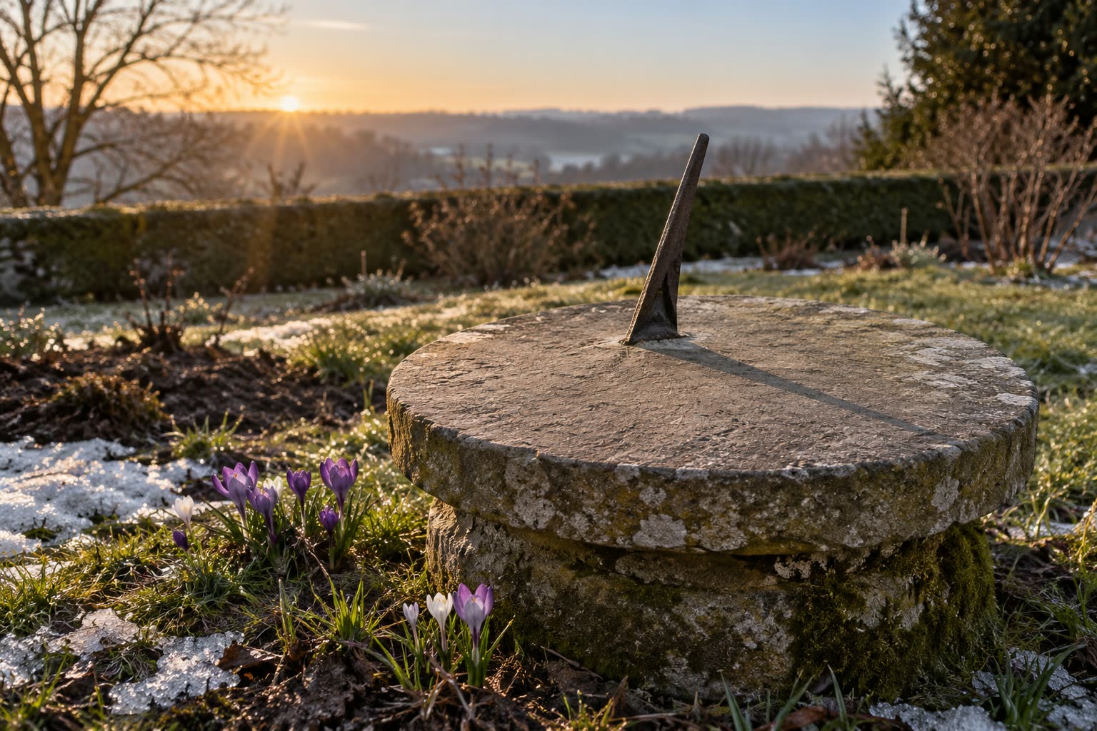 Stone sundial with an iron gnomon casting a shadow across its blank face in a frosty garden at sunrise, with crocuses