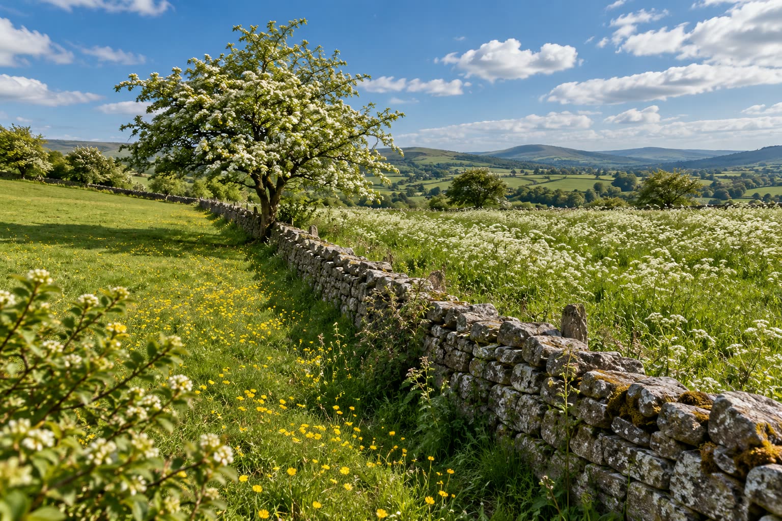 Dry-stone wall crossing a May meadow, short grass and buttercups on one side, tall white cow parsley on the other, hawthorn in bloom