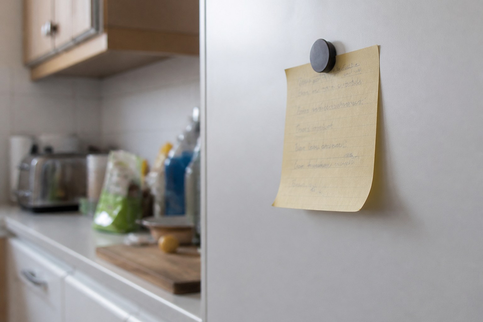 A single small note held to a fridge door by a plain magnet in a domestic kitchen, the handwriting not legible