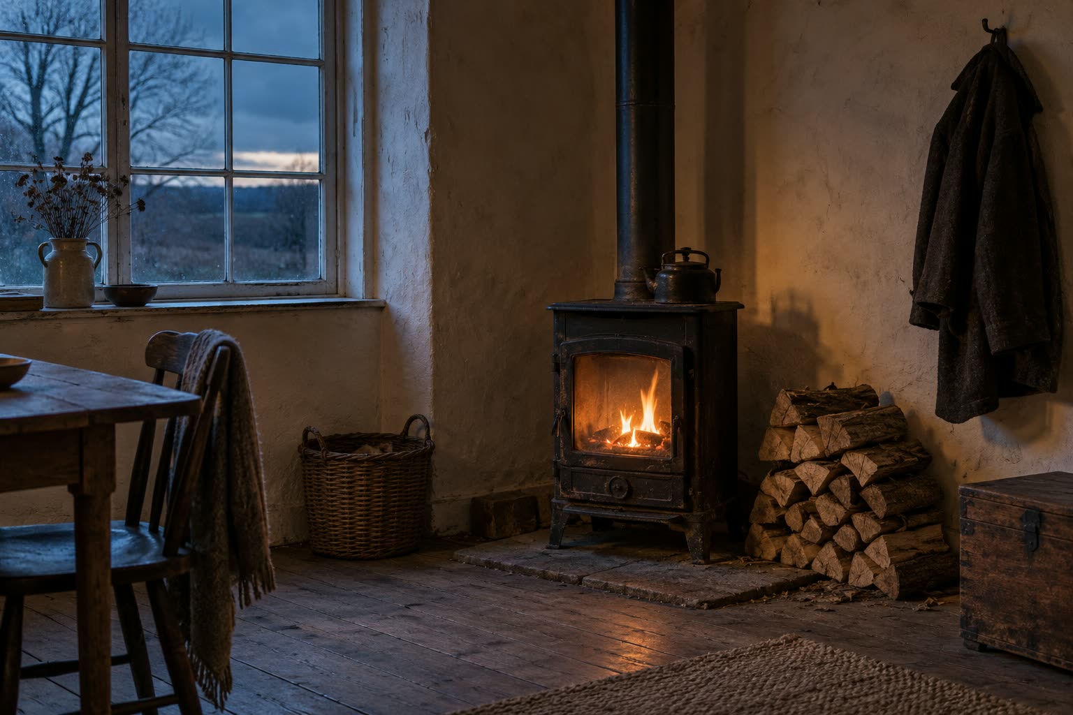 Small cast-iron stove with a steady low flame behind its glass door, stacked logs, a wool coat on a hook and a dusky window