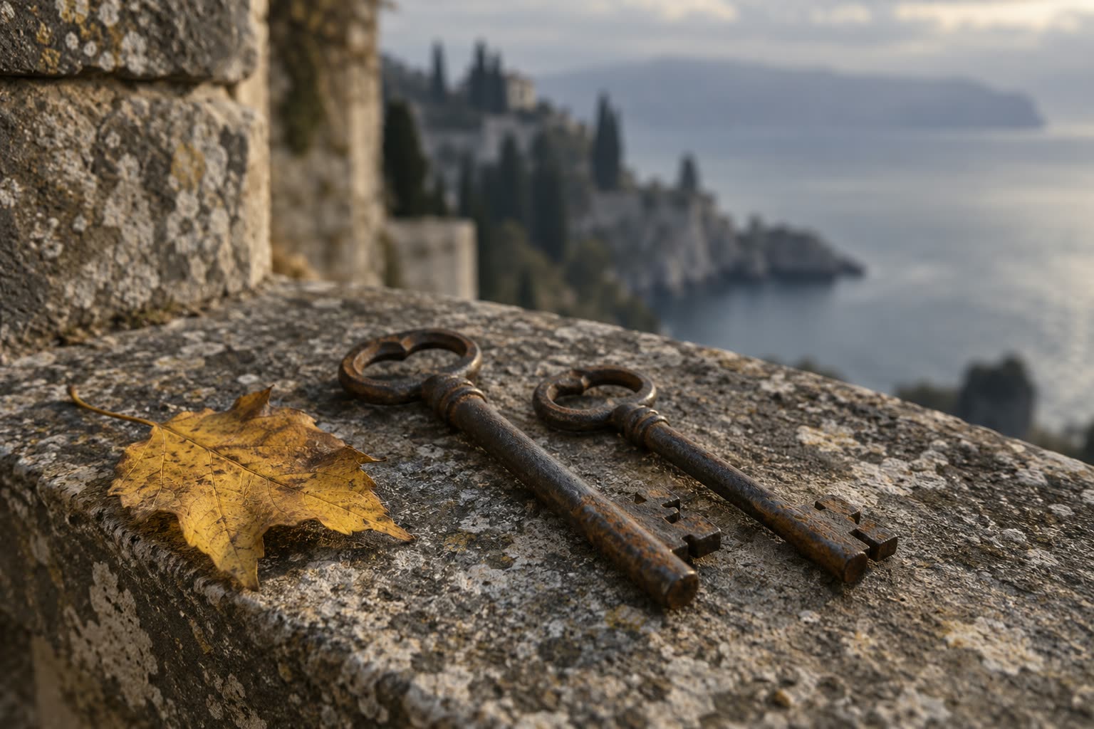Two old iron keys of slightly different length and a yellow maple leaf on a lichen-covered stone ledge above a sea inlet