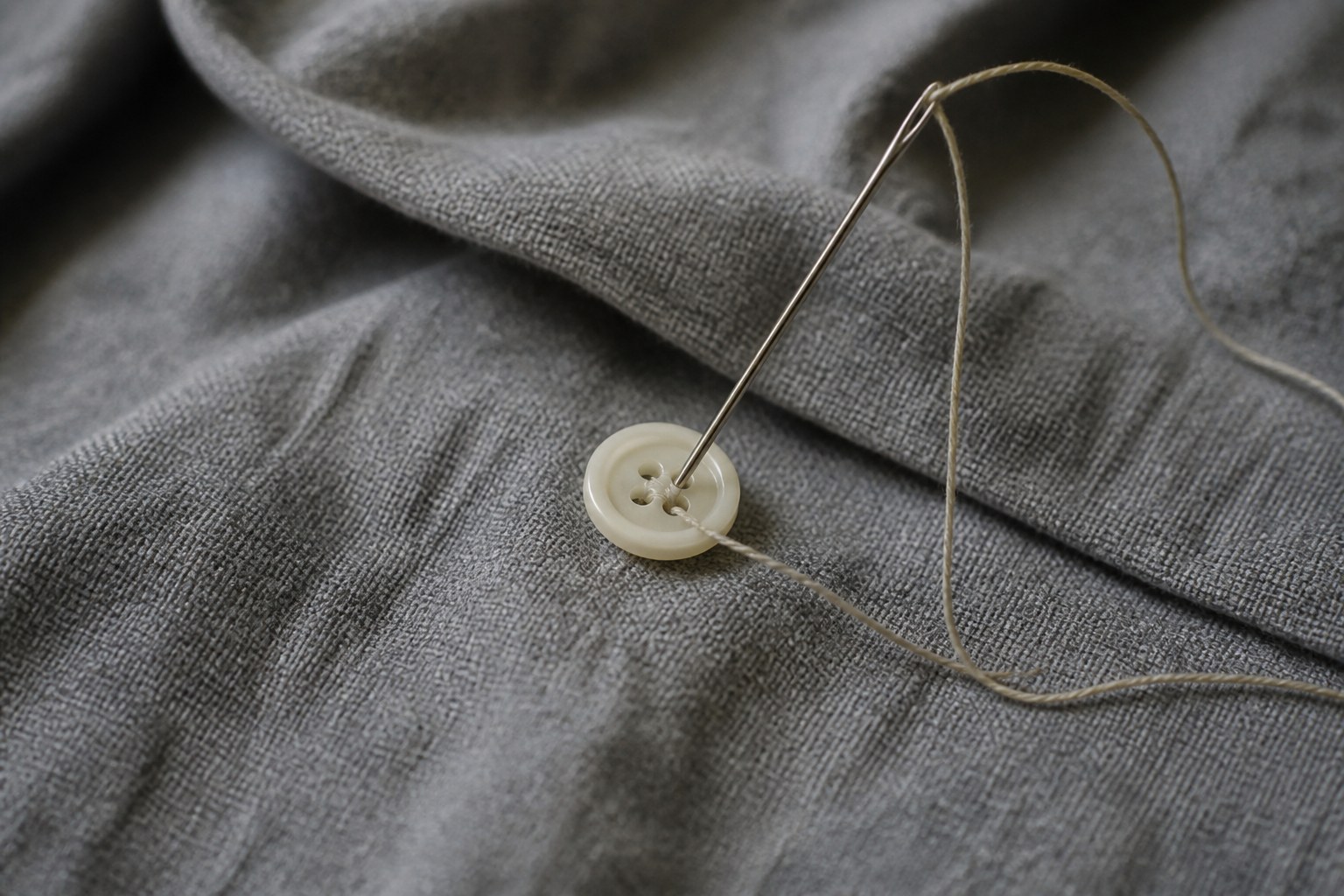 A needle with thread drawn through a shirt button lying on grey linen
