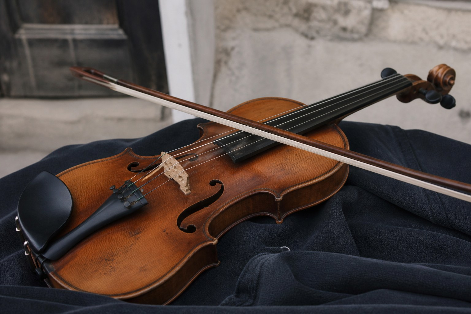 A violin bow laid across the strings of a violin resting on dark cloth