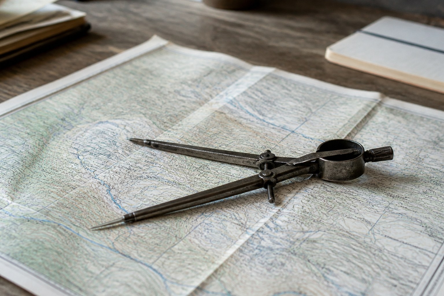 Drawing compasses resting open on a folded paper map
