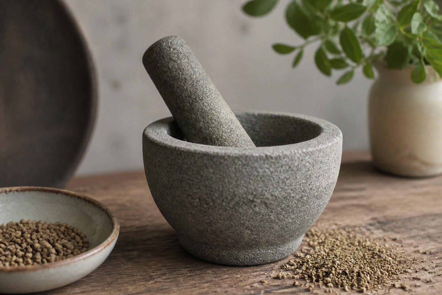 A stone mortar with its pestle leaning inside, ground seed scattered nearby
